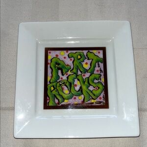 White Square Ceramic Dish With Graffiti Style Text “ART ROCKS”